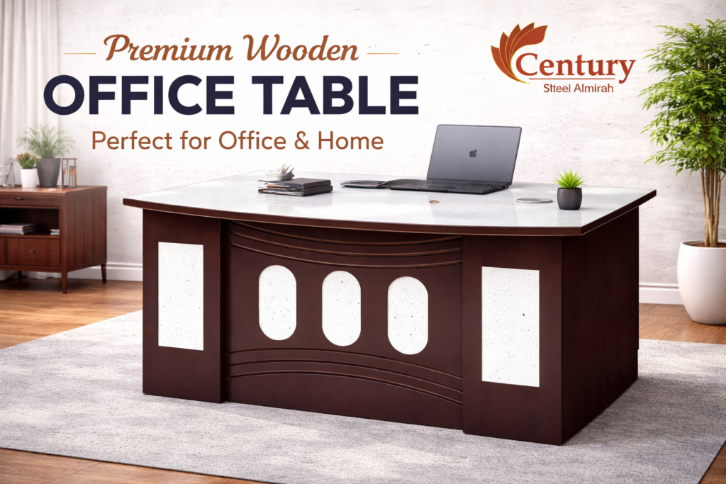 Office table design in wooden finish for office and home workspace by Century Steel Almirah