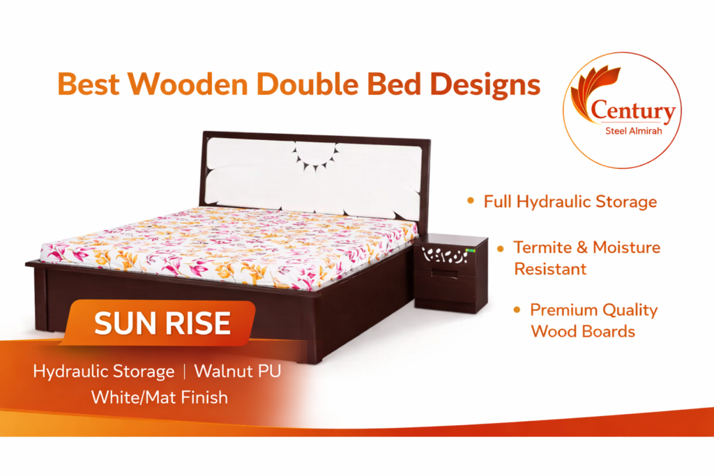 Best wooden double bed designs – SUN RISE wooden bed with hydraulic storage by Century Almirah