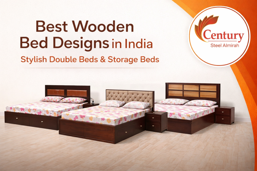 Best wooden bed designs in India including wooden double bed best design and wooden storage beds by Century Almirah