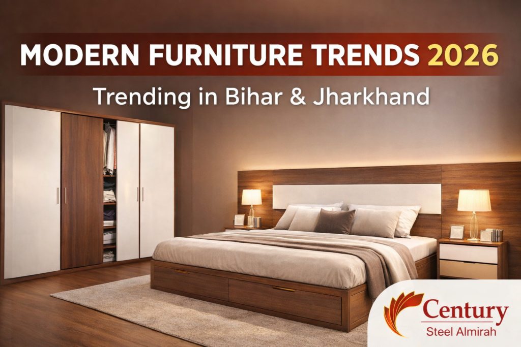 Modern furniture trends 2026 featuring wardrobe design and wooden bed in Bihar and Jharkhand by Century Steel Almirah