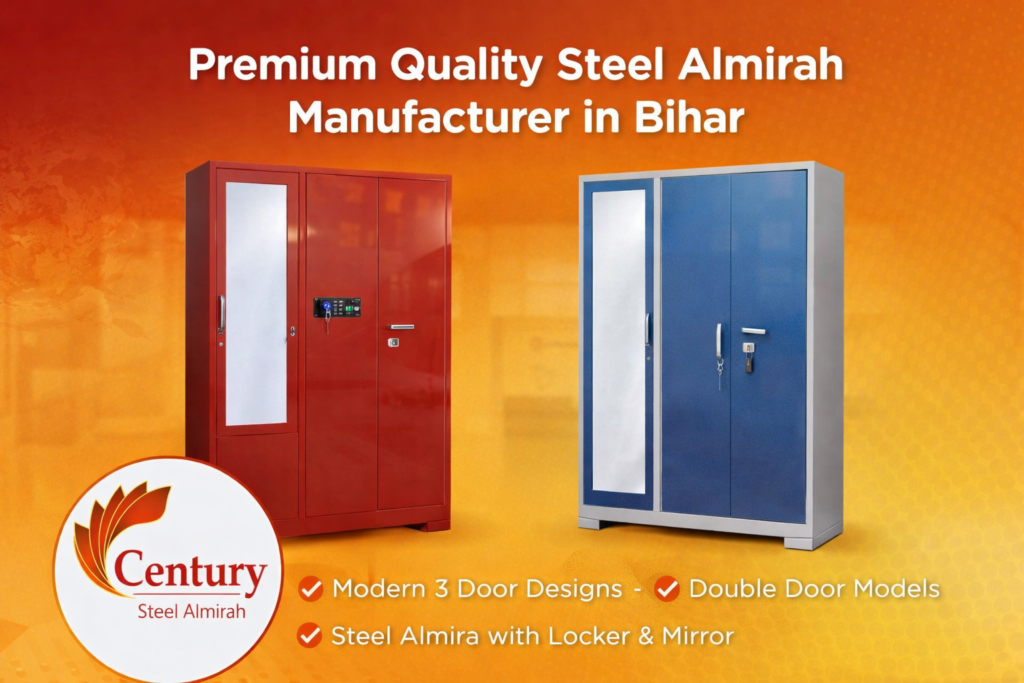 Premium quality steel almirah manufacturer in Bihar featuring modern 3 door steel almirah designs and double door steel almirah with locker and mirror by Century Steel Almirah