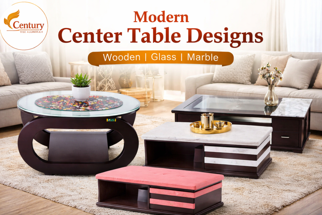 Modern center table design for Indian living room with wooden, glass and marble top center tables