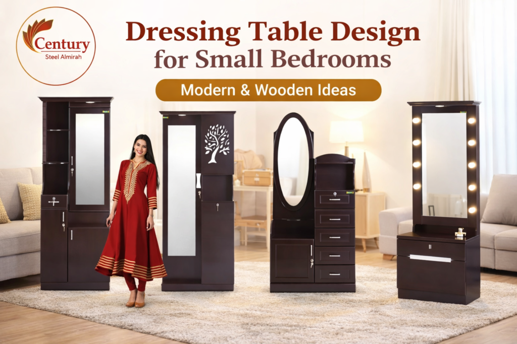 Small bedroom dressing table design with mirror and storage by Century Steel Almirah