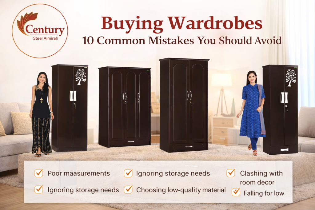 Buying wardrobes guide showing modern steel wardrobes by Century Steel Almirah for Indian homes