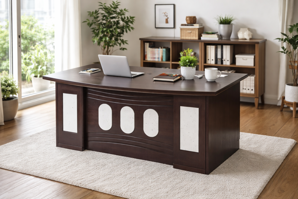 Modern wooden office table design with storage drawers in a bright home office setup