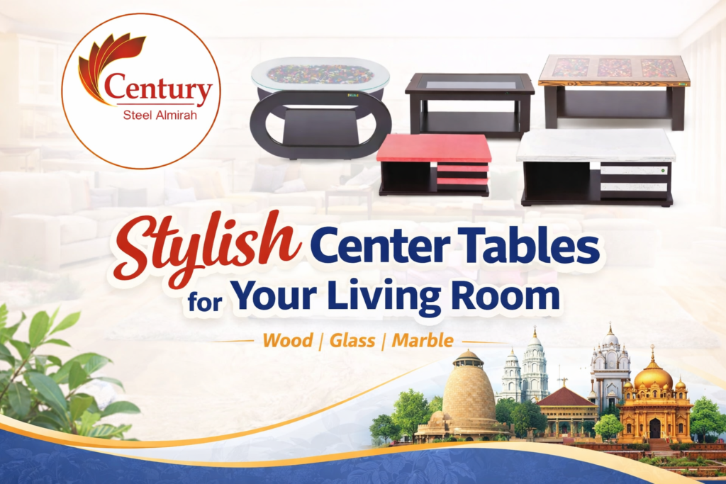 Center table living room designs in wooden, glass and marble by Century Steel Almirah
