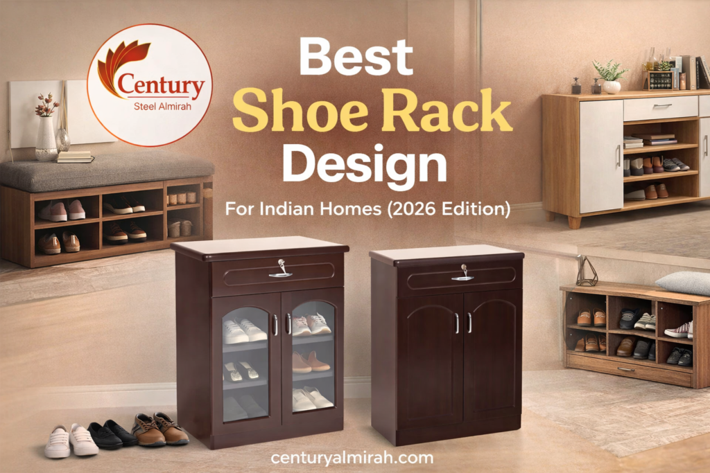 Best shoe rack design for Indian homes featuring wooden shoe rack with doors and modern shoe rack wooden cabinet by Century Steel Almirah.