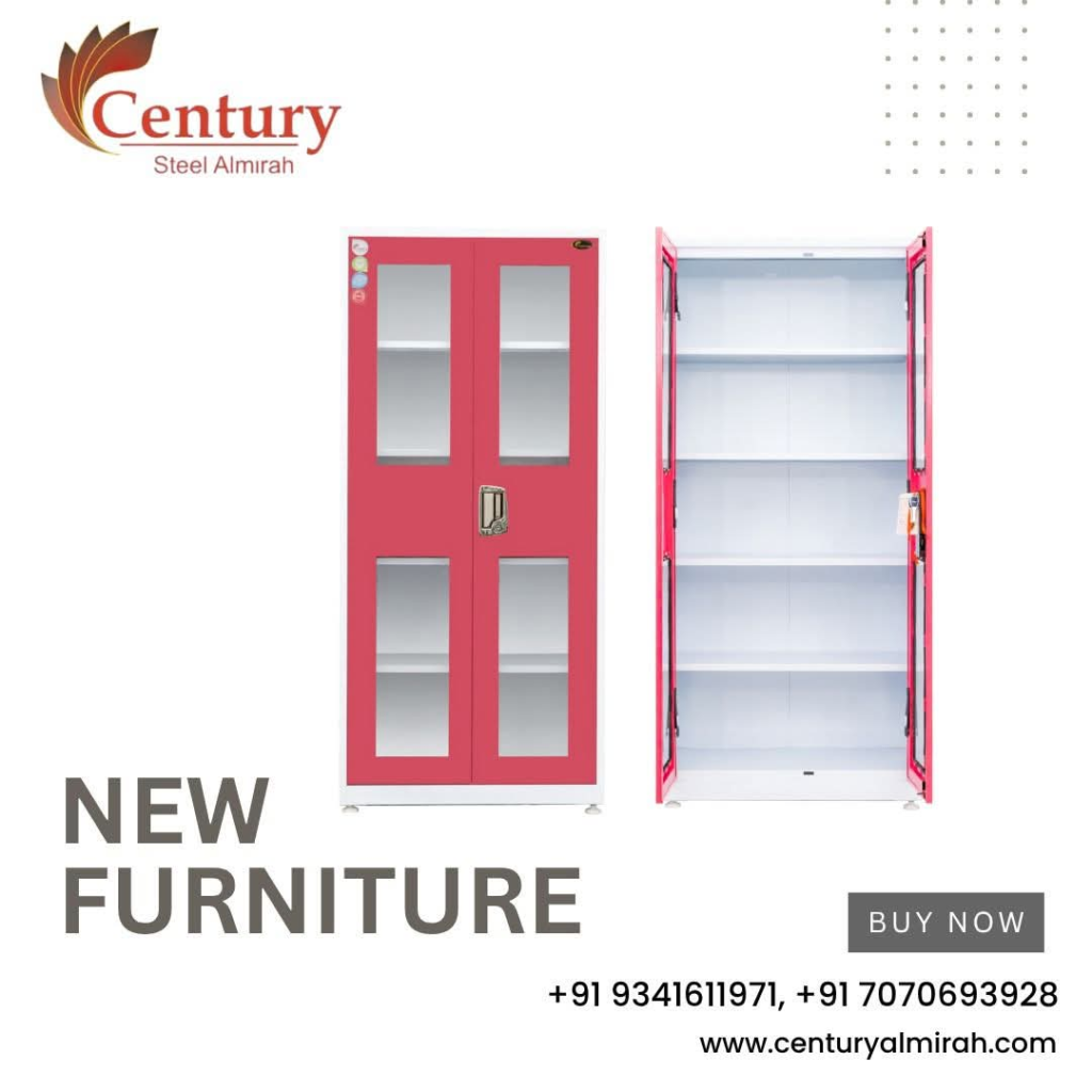 Modern steel almirah design in Begusarai by Century Almirah Balaji Steel Industries with double door wardrobe and storage shelves